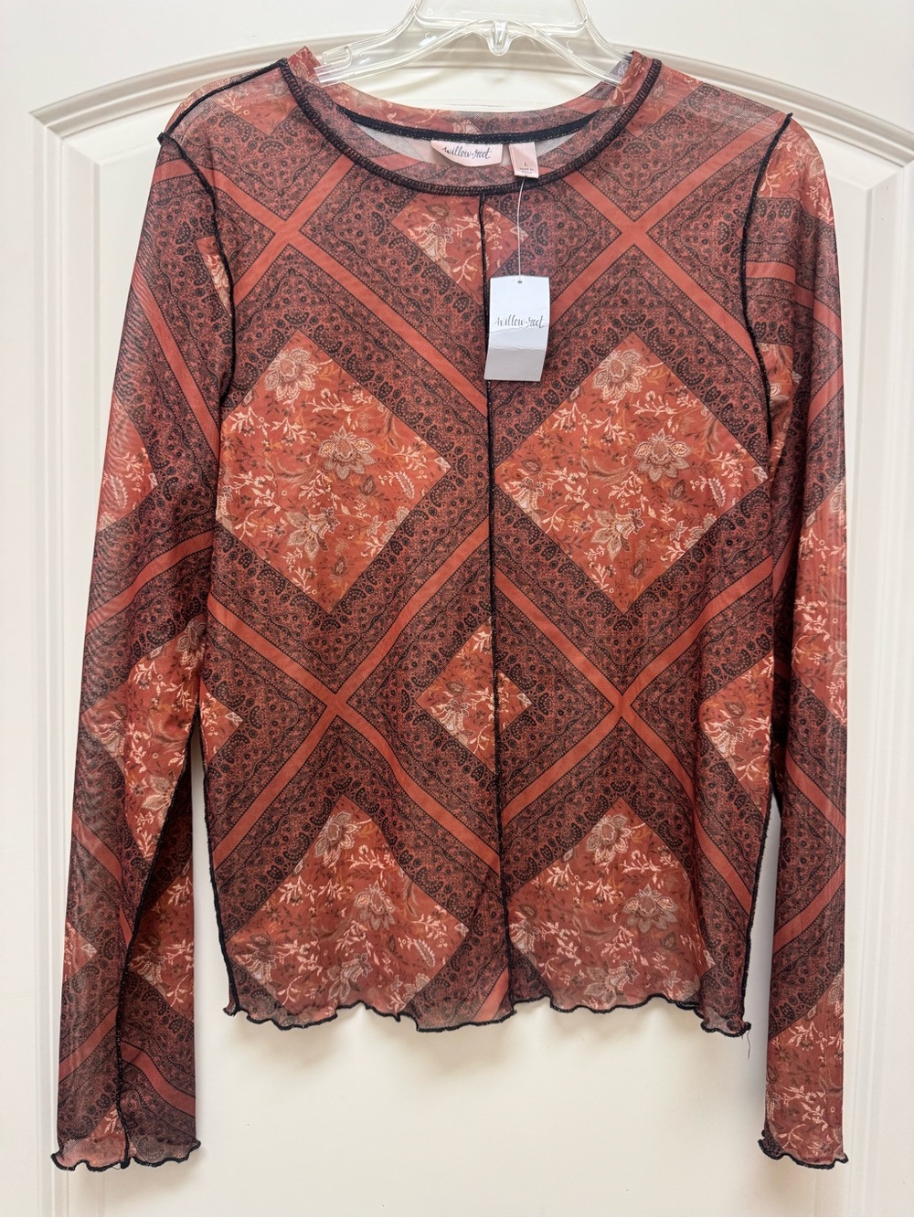 Willow Root Rust Red Floral Mesh Long Sleeve Top